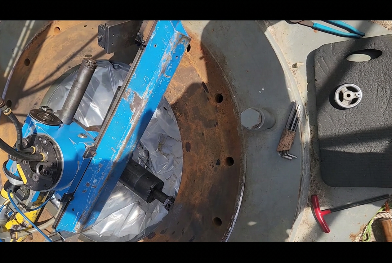 Portable facing machine mounted to the API 610 VS1 sump can, set to machine the top mounting surface in place