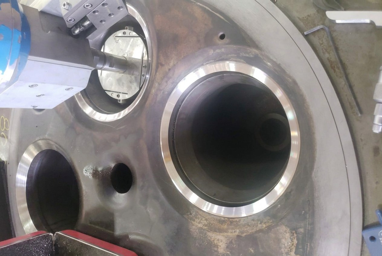 Seat cutting head indicated off the valve guide bore on a marine engine head, freshly machined seat faces alongside
