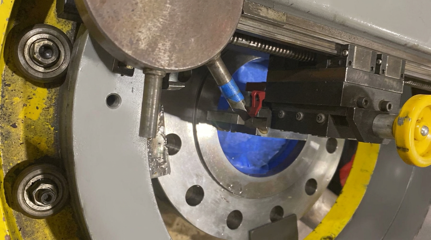 Tool post tracking the gasket sealing area, bore masked off to keep chips out of the valve during the cut