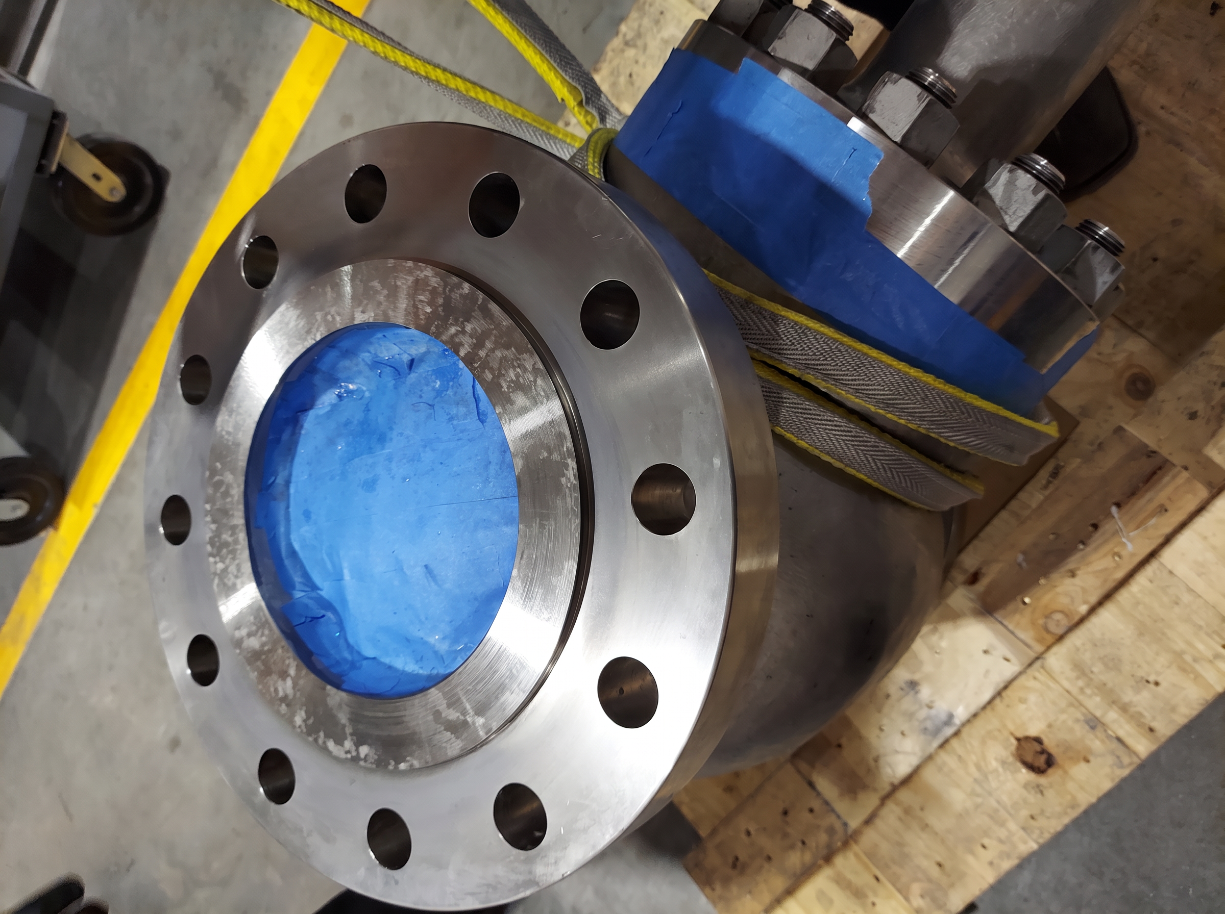 Completed gasket sealing surface on the 8 in. Class 600 cryogenic PSV after resurfacing, bore still masked and the valve ready for release